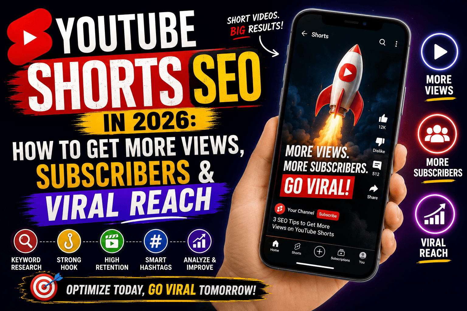 YouTube Monetization Policy 2026 infographic showing YouTube Shorts SEO, more views, subscribers, and viral reach using keyword research, strong hooks, high retention, hashtags, and analytics.