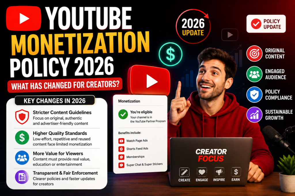 YouTube Monetization Policy 2026 infographic showing updated creator monetization rules, original content requirements, audience engagement, policy compliance, higher quality standards, and sustainable YouTube growth.