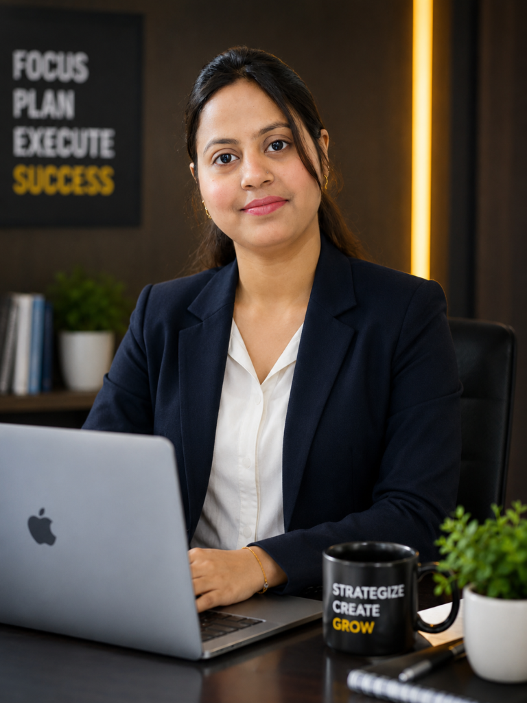 Professional woman working on a laptop at a desk, representing a Digital Marketing Agency in Faridabad with a modern business and marketing workspace.