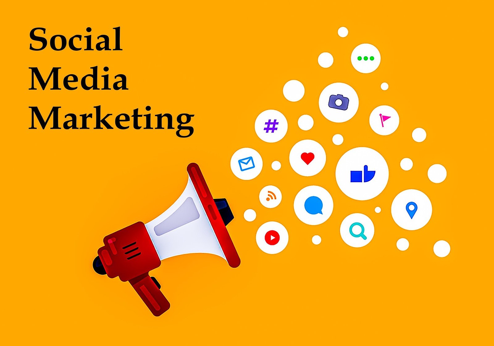 Social media marketing illustration for a Digital Marketing Agency in Faridabad, featuring a megaphone and floating social media icons such as likes, comments, hashtags, camera, video, email, and location symbols on an orange background.